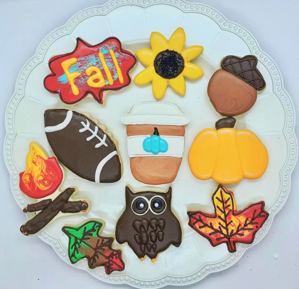 fall themed cookies in different shapes and sizes