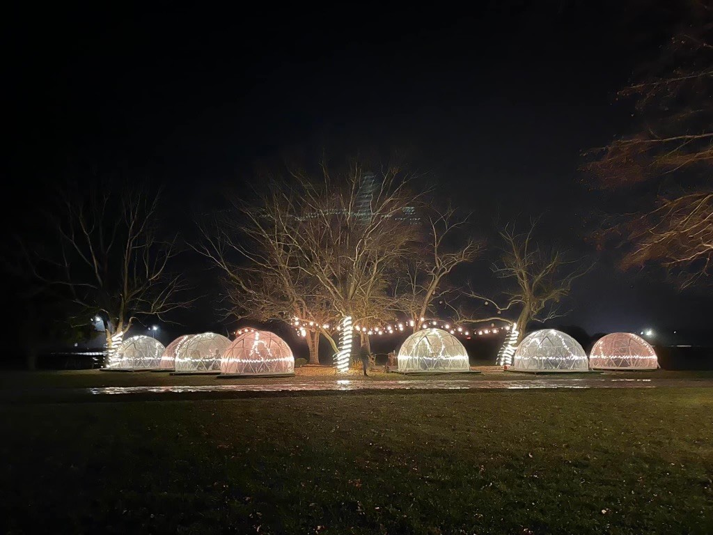 Multiple outdoor dining igloos at the Windmill Creek Vineyard and Winery