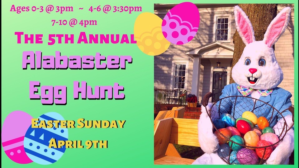 Easter Bunny with Easter eggs in a basket, graphic with text "The 5th Annual Alabaster Egg Hunt"