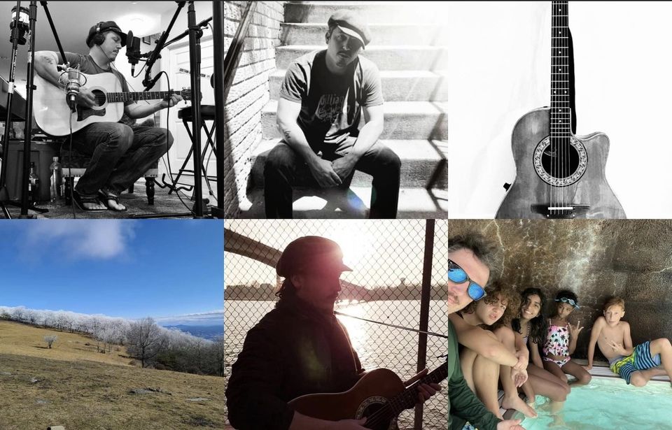 Collage of black and white imagery, guitar, field, man playing guitar