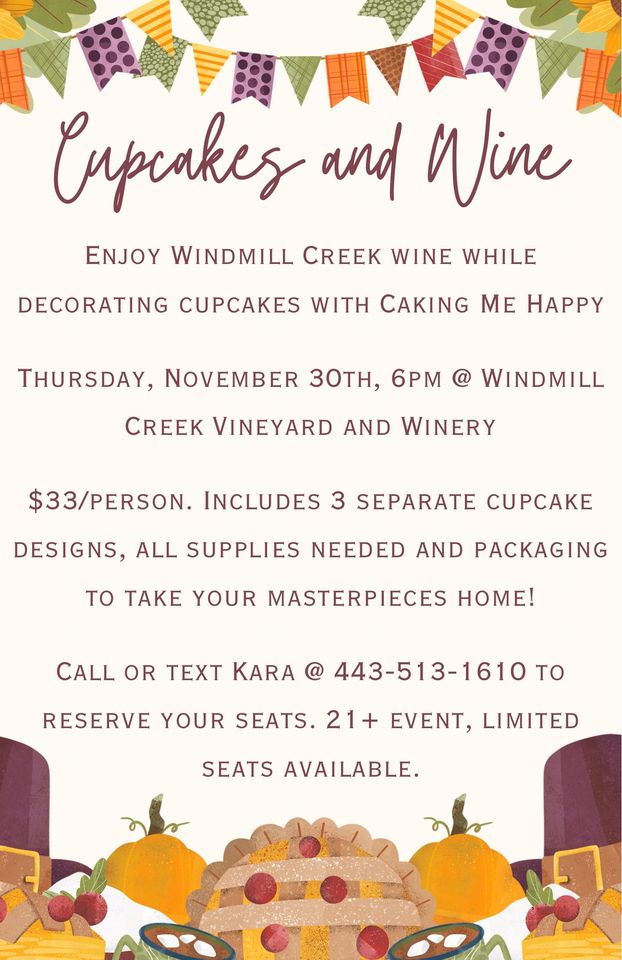 fall flyer for Cupcakes and Wine at Windmill Creek