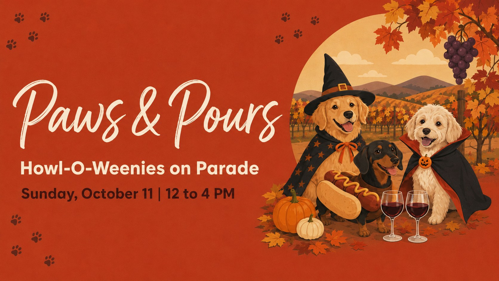 Paws & Pours at Windmill Creek Winery, Sunday October 11, 2026, 12 PM to 4 PM, Howl-O-Weenies on Parade dog costume contest