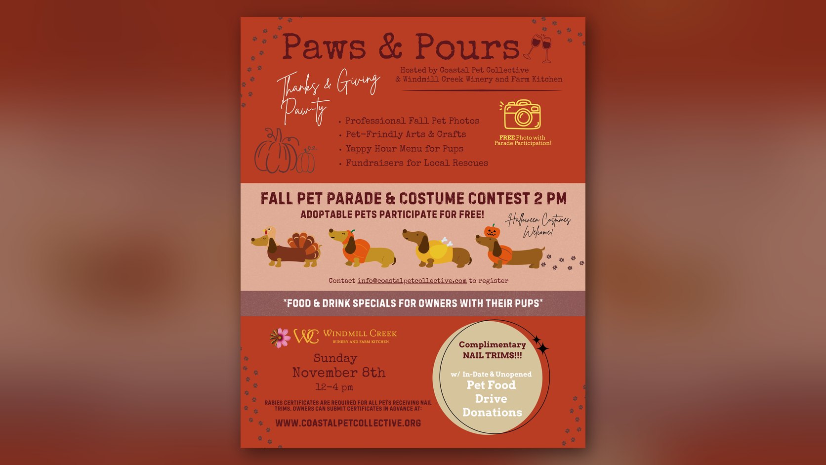 Paws & Pours at Windmill Creek Winery, Sunday November 8, 2026, 12 PM to 4 PM, fall pet parade and costume contest at 2 PM